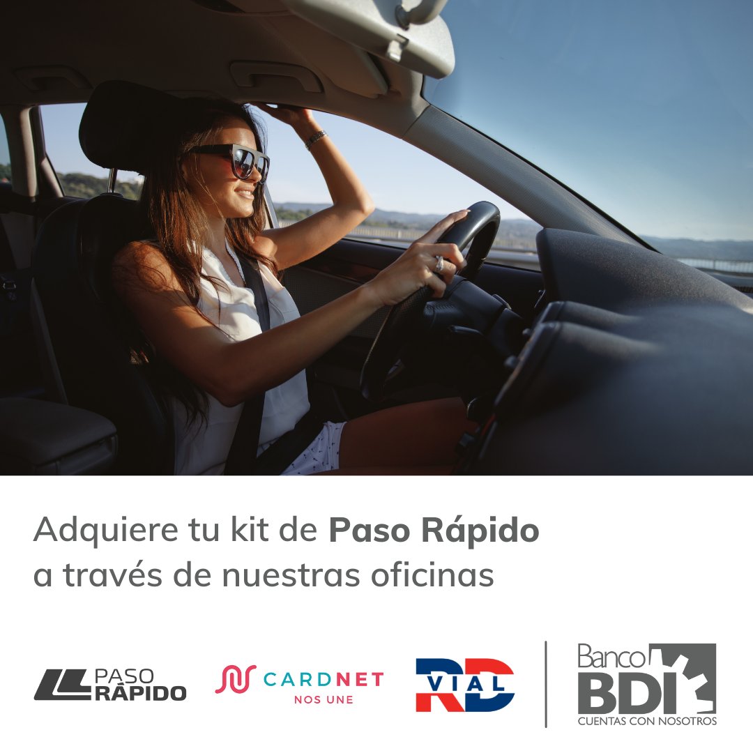 BancoBDI's tweet photo. Viaja al interior de manera rápida, cómoda y fácil al adquirir tu kit de Paso Rápido a través de nuestras oficinas por solo RD$900.00 pesos.
Al obtenerlo, tendrás RD$300.00 pesos disponibles para tus próximos viajes.
#BancoBDI #CuentasConNosotros #PasoRápido #CardNet #RDVial https://t.co/SWRrhFXlNs