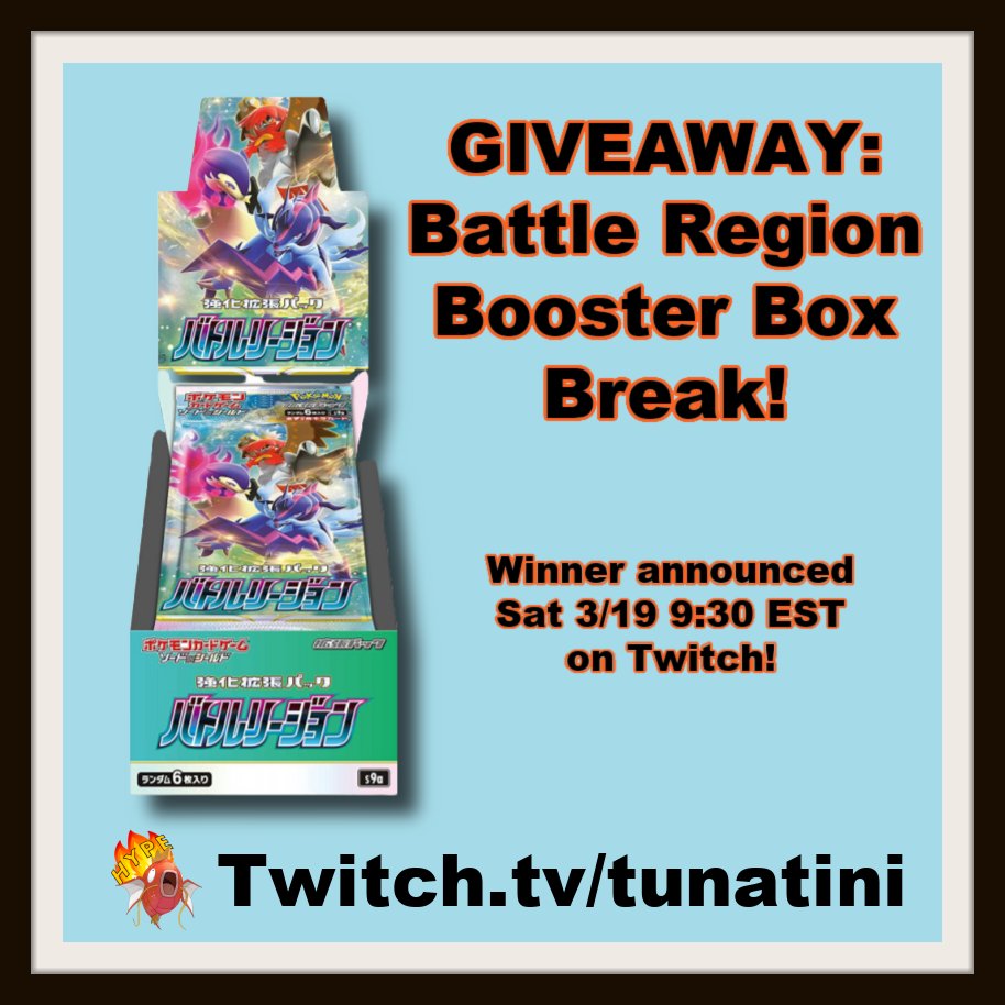 TunatiniTCG's tweet photo. 🥳 Weekly #PokemonTCG #Giveaway 🥳

The Splashzone is giving away a full Battle Region booster box break!

Enter to win by:
✅Follow @TunatiniTCG and https://t.co/E4NoH7KwVC 🐟
✅Like + Retweet this post 👍
✅Tag 3 friends 👇 https://t.co/MFzwVQcNed