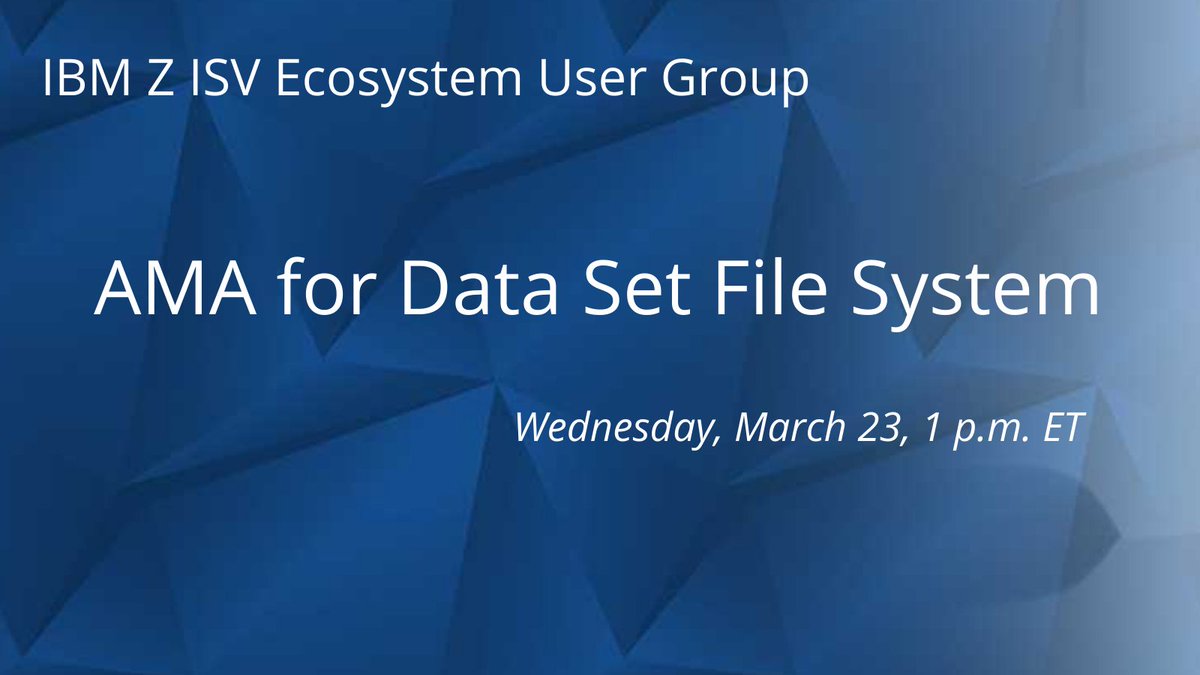 SullyAg's tweet photo. This special AMA is dedicated discussing the Data Set File System for #IBMZ -- functionality we announced last year and recently made available.  A panel of experts will be on hand to address your questions and comments.

Register here: https://t.co/CiAdXHLhzi https://t.co/zt10IK3FRU