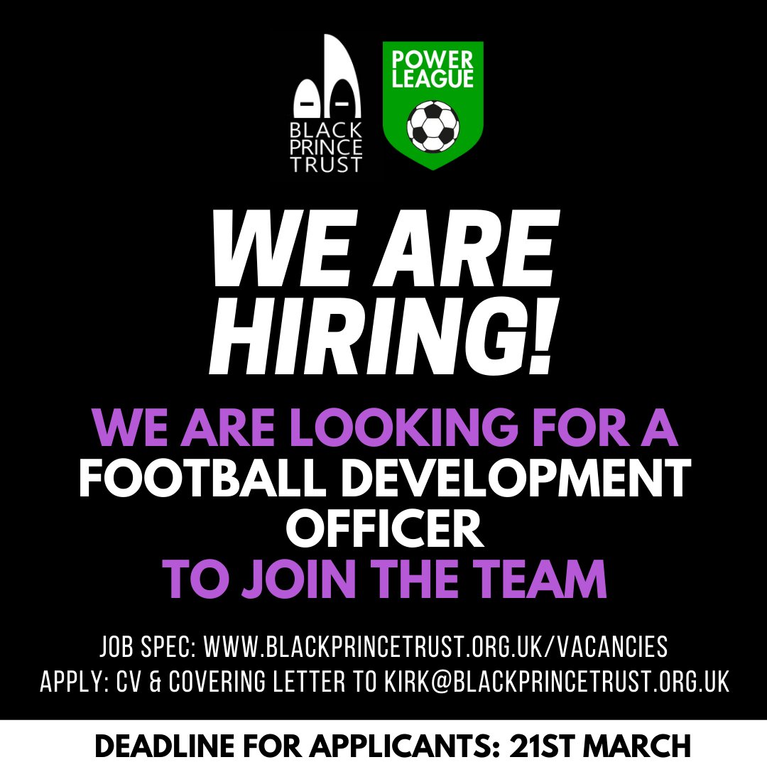 BPT and @powerleagueUK are hiring a Football Development Officer! Check out the JD, share with your networks and apply if interested: blackprincetrust.org.uk/vacancies⚽️🙌