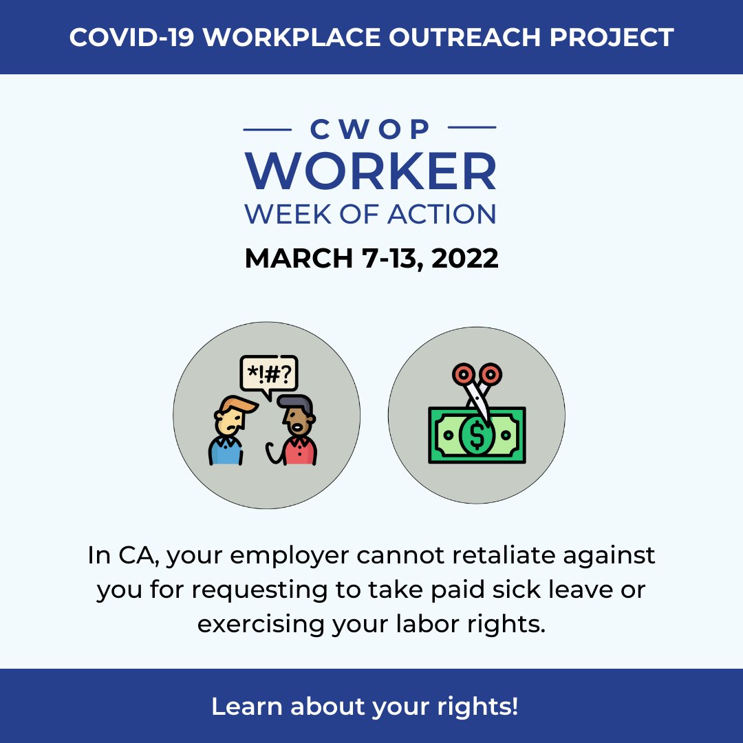 CALaborAgency's tweet photo. Thank you to the people & organizations who joined in the #WorkerWeekofAction! The week may have ended, but you can continue to stay #SaferAtWork from COVID-19. Learn about workplace health & safety, leave & pay benefits, & anti-retaliation protections at https://t.co/7BxdM5WL8v https://t.co/V7SDzlsGZq