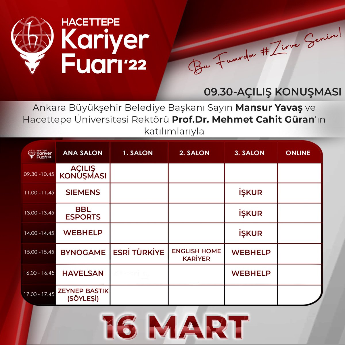 HUKSF's tweet photo. Hacettepe Kariyer Fuarı'22 oturumlarına bir de böyle bakmaya ne dersiniz?🤩

İşte karşınızda 16-17-18 Mart günlerinde gerçekleşecek olan oturumlarımız!🥳

Etkinliğimiz tüm üniversite öğrencilerinin katılımına açıktır.✨

Bu fuarda #zirvesenin. https://t.co/di9SX1QO46
