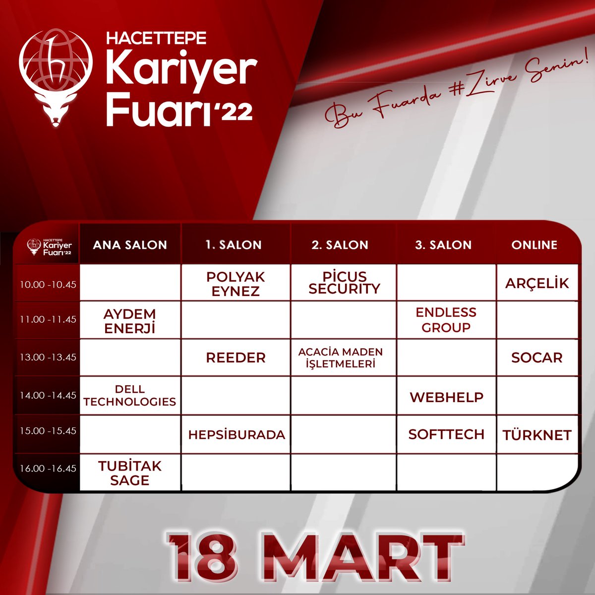 HUKSF's tweet photo. Hacettepe Kariyer Fuarı'22 oturumlarına bir de böyle bakmaya ne dersiniz?🤩

İşte karşınızda 16-17-18 Mart günlerinde gerçekleşecek olan oturumlarımız!🥳

Etkinliğimiz tüm üniversite öğrencilerinin katılımına açıktır.✨

Bu fuarda #zirvesenin. https://t.co/di9SX1QO46
