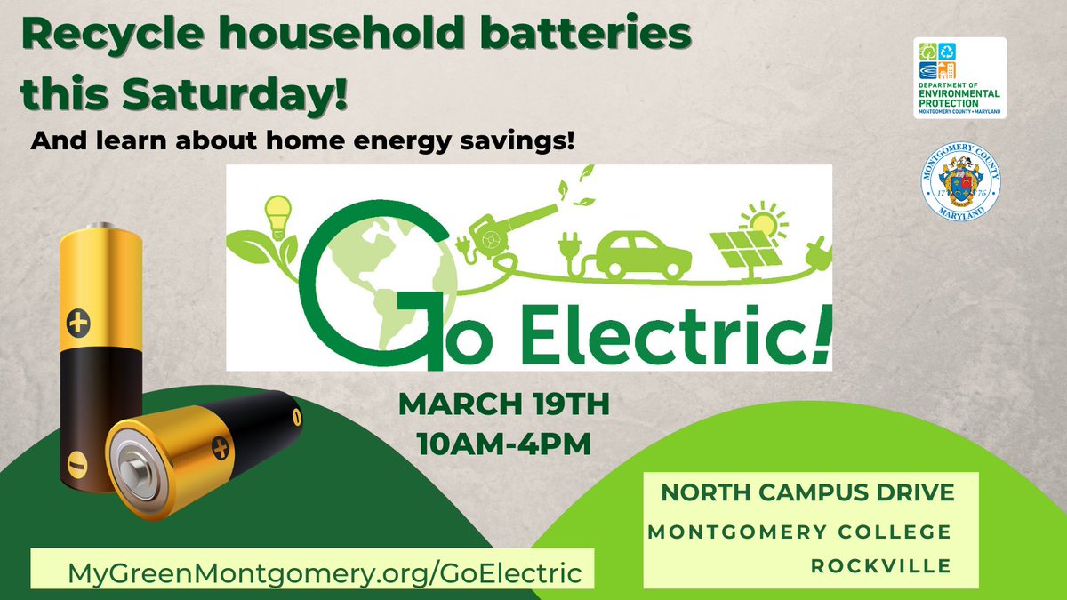 MyGreenMC's tweet photo. Recycle your household batteries 🔋 and learn about conserving energy! Go Electric is this Saturday, March 19, 10 am - 4 pm on North Campus Drive in Rockville MD! #GoElectric #MCEVPC #SolarPower #RecycleBatteries
Blog: https://t.co/GGaPJ1KfZn
FB Event: https://t.co/e1DLnmek2f https://t.co/a8zYUKCrbC