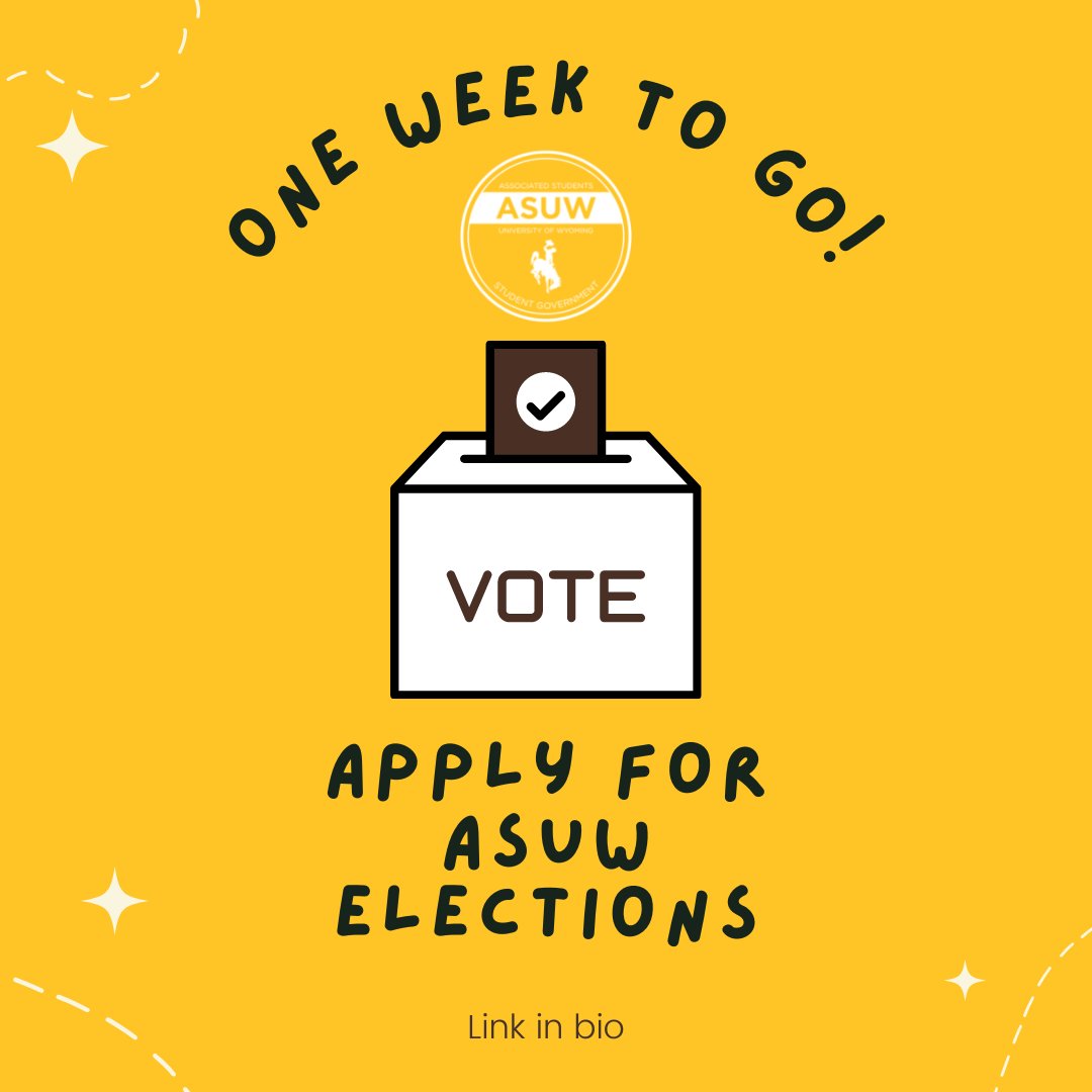 There is only one week left until applications close! Make sure to get your Senate and/or President/VP application submitted before March 21 at 4:30 p.m.!
You can find the applications through the link in our bio and on our website!

#ASUW #UW #UWyo #Election #Wyoming #110th