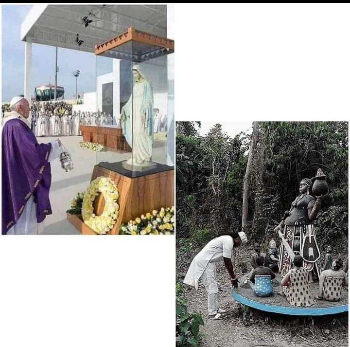 MeePlusYou's tweet photo. Is it not funny that those who adore the image on the left mock those who bow before the image on the right?

Can anything be more ridiculous than to see those who reverence the image on the left call those who worship the image on the right "pagans"?
1/3 https://t.co/dqfnwAMC5N