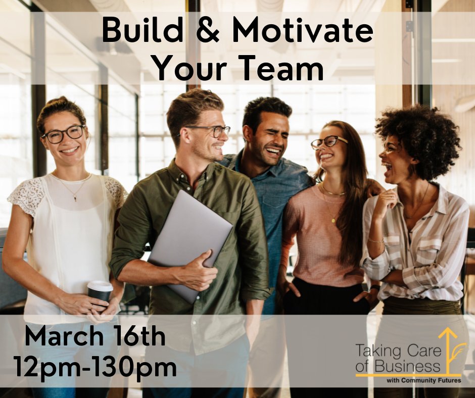 Comm_FuturesAC's tweet image. John is back by popular demand to help you Build &amp;amp; Motivate Your Team. Explore and understand the stages of teams, determine where your team is now and how to move your team to the next level!
Save your seat: takingcareofbusiness.biz
#CFisTakingCareOfBusiness #CommunityFuturesBC