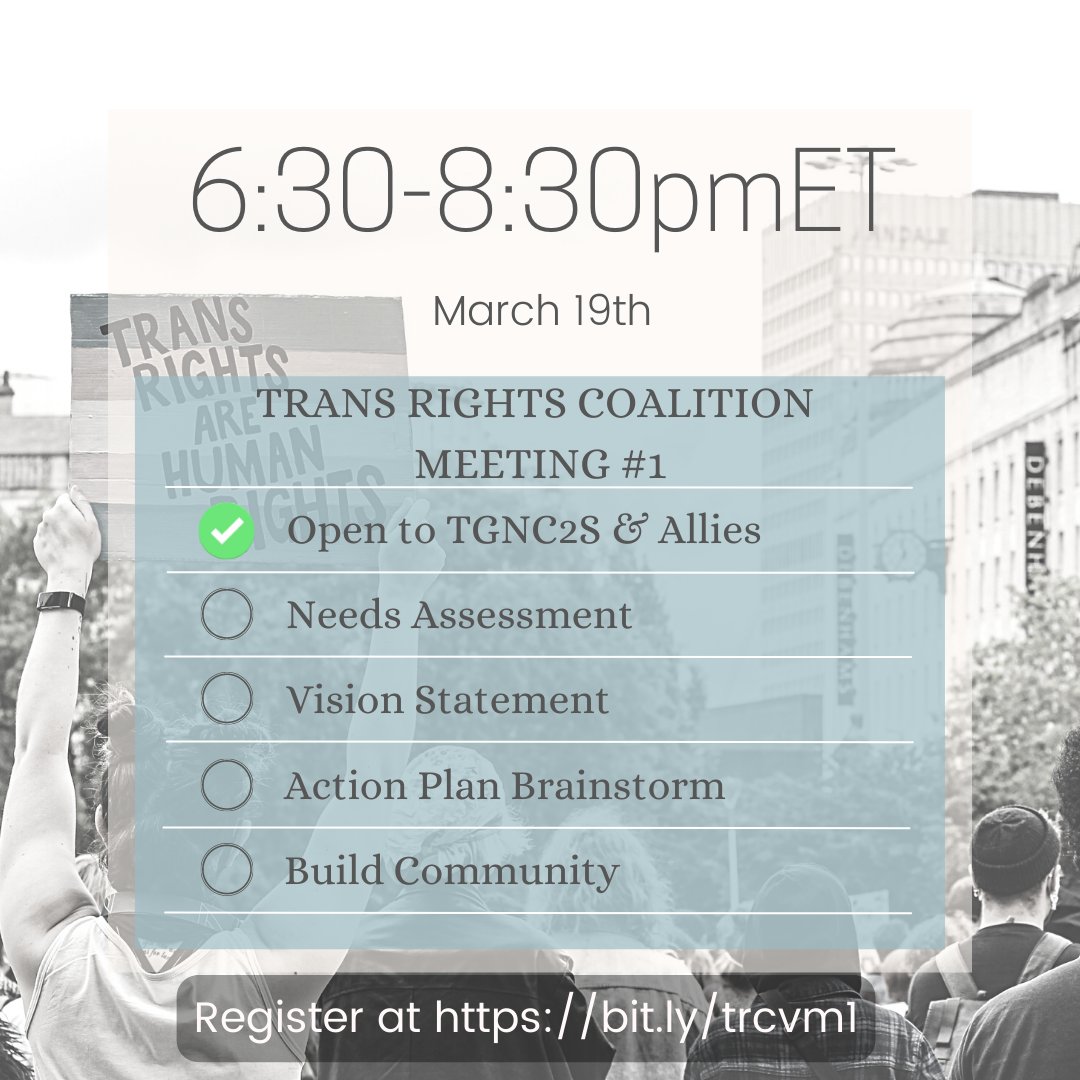 RethinkingComm's tweet photo. Want to #join a Trans Rights Coalition or help build the framework? We are having our first visioning meeting on 03/19 and you're #invited! Sign up at https://t.co/fJ87QhbY5B to make sure your voice is heard in the creation of this important Coalition
#transrigths  #humanrights https://t.co/KCfENM6UTp