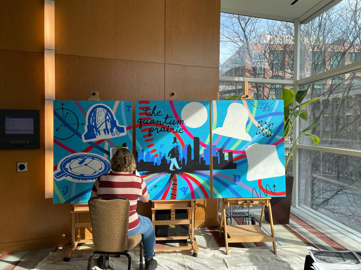 Artist Amanda Paulson is in the process of creating a beautiful mural in the CQE lounge at the #APSmarch meeting. Stop by the Prairie Room on Level 2 to watch her work. This piece is sponsored by @HamamatsuPhoton and will be on display all week!

#QuantumPrairie #MidwestQuantum