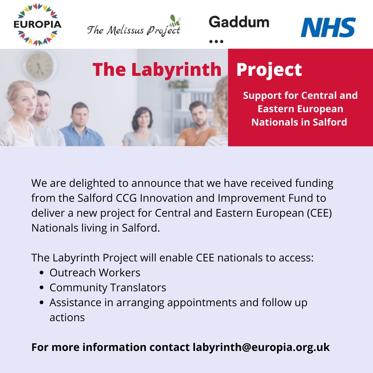 EuropiaMcr's tweet photo. 🎉The #LabyrinthProject - Support for Central and Eastern European Nationals in #Salford aims to support EU residents to navigate through the ‘labyrinth’ of #health and #social #care services to build #resilience and #independence.
#NHS @EuropiaMcr #Gaddum #TheMelissusProjectCIC https://t.co/oLI9l5CMph