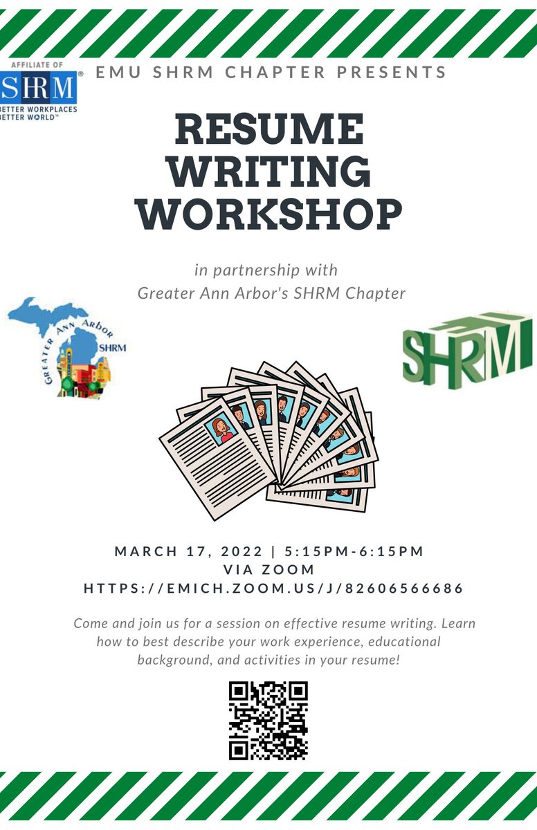 EMUSHRM's tweet photo. THIS WEEK: EMU SHRM is hosting a Resume Writing Workshop with Greater Ann Arbor SHRM. Join us for a session on effective resume writing and learn how to best describe work experience, education, and activities in your resume on Thursday, 3/17 at 5:15pm. See below for details! https://t.co/R2Dmd8e1ry