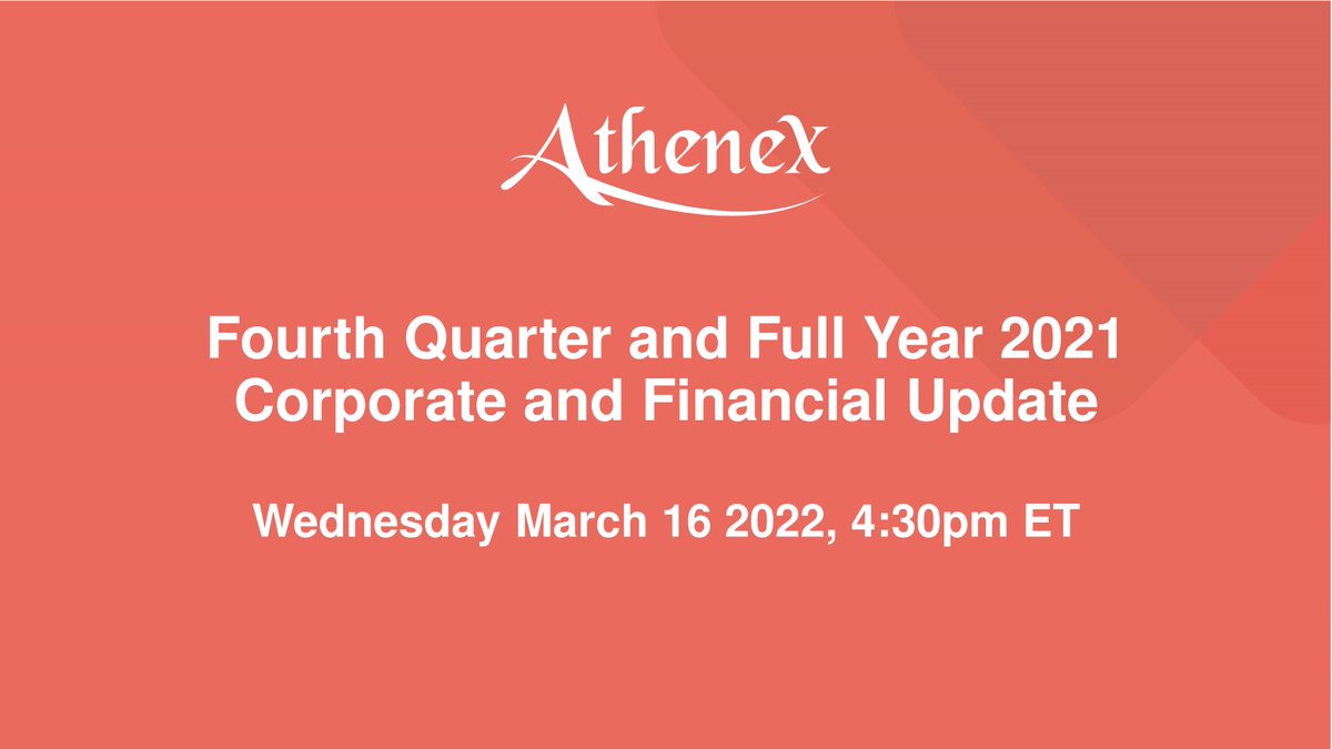 AthenexInc's tweet photo. UPDATED: We will provide a corporate and financial update for the fourth quarter and full year 2021 on Wednesday March 16, at 4:30pm ET. To join the earnings conference call: https://t.co/Wuoirv8tNB #Athenex $ATNX https://t.co/Dh7Uv64iOO