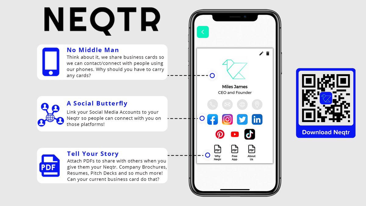 yourneqtr's tweet photo. Business cards currently are just a middle man for exchanging contact information. With Neqtr, you eliminate the middle man. You can have direct links to your social media accounts, attach PDFs and tell your story all from an app on your phone- for FREE!
https://t.co/37YZOdKJoU https://t.co/HXJydNbzls