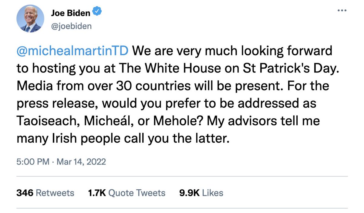 DrHaroldNews's tweet photo. A thoughtful tweet from President Biden, although I'm not sure the Taoiseach will be too pleased. https://t.co/03oRz5R76Y