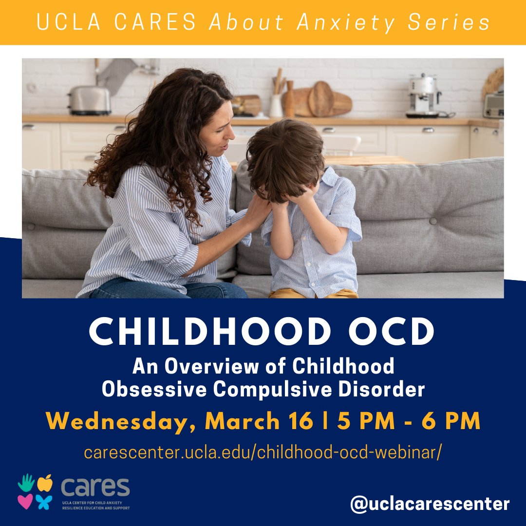 UCLA CARES Center (@carescenter) on Twitter photo Don't miss our free webinar this Wednesday all about childhood OCD! <a href="/ChessellChloe/">Chloe Chessell</a> will provide an overview of childhood OCD, how it impacts families, and what cognitive behavioral treatment for OCD looks like.
Register today on our website: carescenter.ucla.edu/childhood-ocd-… Don't miss our free webinar this Wednesday all about childhood OCD! <a href="/ChessellChloe/">Chloe Chessell</a> will provide an overview of childhood OCD, how it impacts families, and what cognitive behavioral treatment for OCD looks like.
Register today on our website: carescenter.ucla.edu/childhood-ocd-…