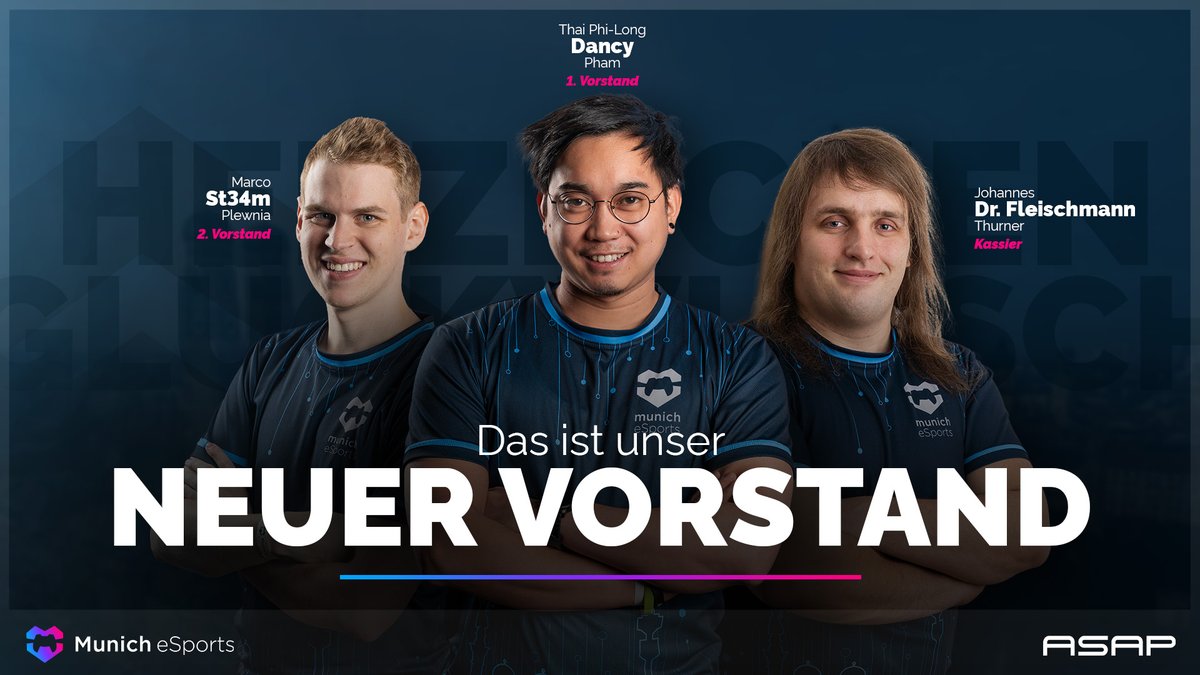 Nachtrag zur Mitgliederversammlung:

Zum amtierenden 1. Vorstand <a href="/_xDancy/">Long Phi</a> gesellen sich dieses Jahr <a href="/St34m_muc/">St34m | Marco</a> &amp; <a href="/DrFleischmannV/">Johannes Thurner</a> und bilden damit unseren Vorstand für 2022. Gratulation zur Wahl!

Habt ihr Fragen an das Trio? Schreibt sie in die Kommentare!💬

#PlayYourHeartOut