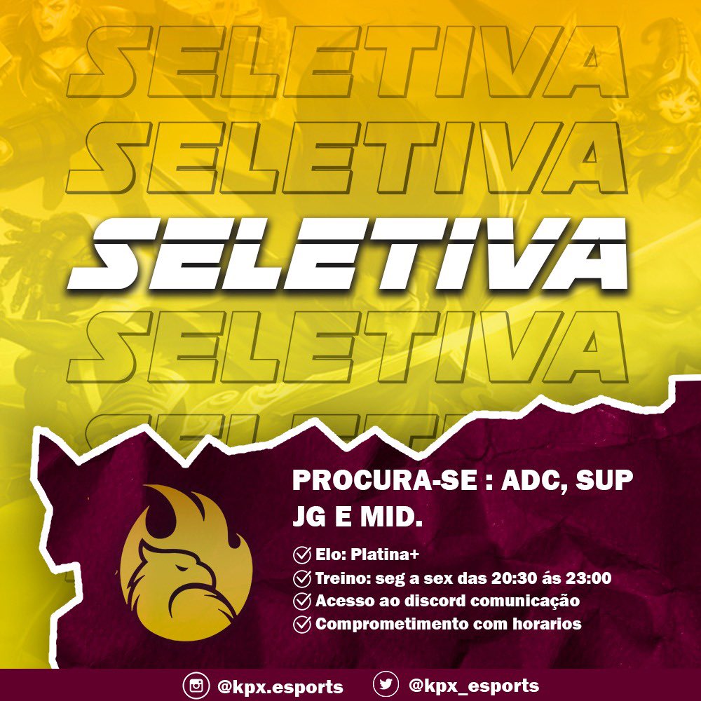 KPXESPORTS's tweet photo. Já pensou em entrar no meio competitivo de league of legends? 
Então vem com a gente seletiva aberta !!
@vagas_esports 
#LeagueOfLegends #seletiva #empoliga #kpxesports https://t.co/U04zKLw1N3