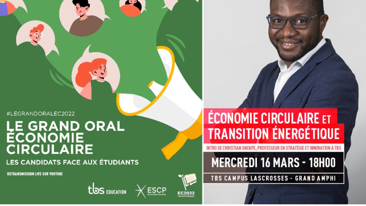 📢 Venez participer à la retransmission du Grand Oral de l'économie circulaire à TBS !

Les candidats à la présidentielle présents auront 15 minutes pour partager et échanger avec les étudiants sur l'économie circulaire.

Pour s'inscrire : tbs-education.fr/inspiring/ec20…

#EC2022