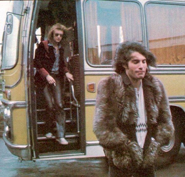 Freddie Mercury and Roger Taylor in tour in the 70's.