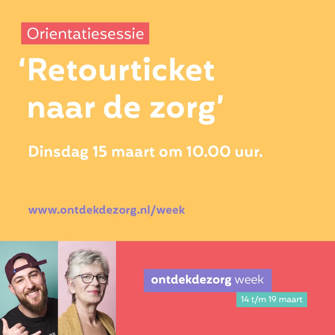 Heb jij een diploma in de zorg? Ben je er een tijdje uit geweest doordat je in een andere branche werkzaam bent geweest? Denk je erover om terug te keren in #zorg of #welzijn? Dan is dit webinar voor jou! Kijk morgen om 10.00 uur -> ontdekdezorgweek.nl/orientatiesess… #ontdekdezorg #zorgmee