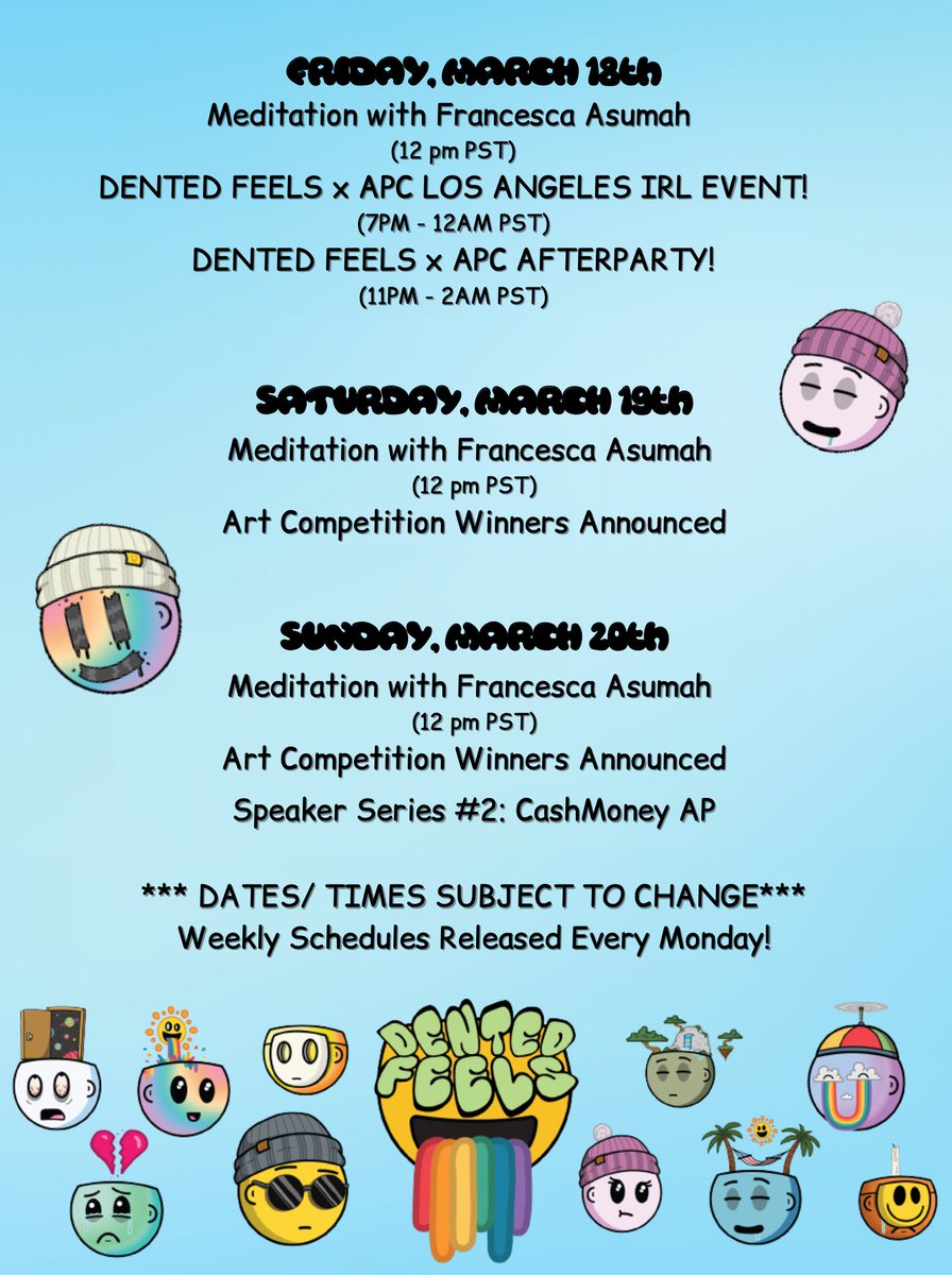 DentedFeelsNFT's tweet image. 🌈 Dented Schedule 2 🌈 

Here is week two of #DentedFeels event calendar, with key information and news for all holders 👏✨

This week features 🔗
- Roadmap release 🗺
- Holders event 🎉
- Twitter AMA 🎙
...and much more! 😶

Stay updated in our Discord👉discord.gg/dentedfeels