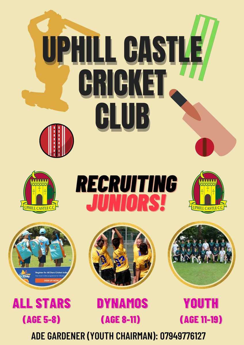 Mr_P_Holyday's tweet photo. Uphill Castle Cricket Club - Recruiting Juniors. Get in touch! @PCSASport @LisaDadds @TheHuntspills @CastleBatch @Pawlettprimary @StAnnes_EHS @sport_wsm https://t.co/ynXJEcKknu