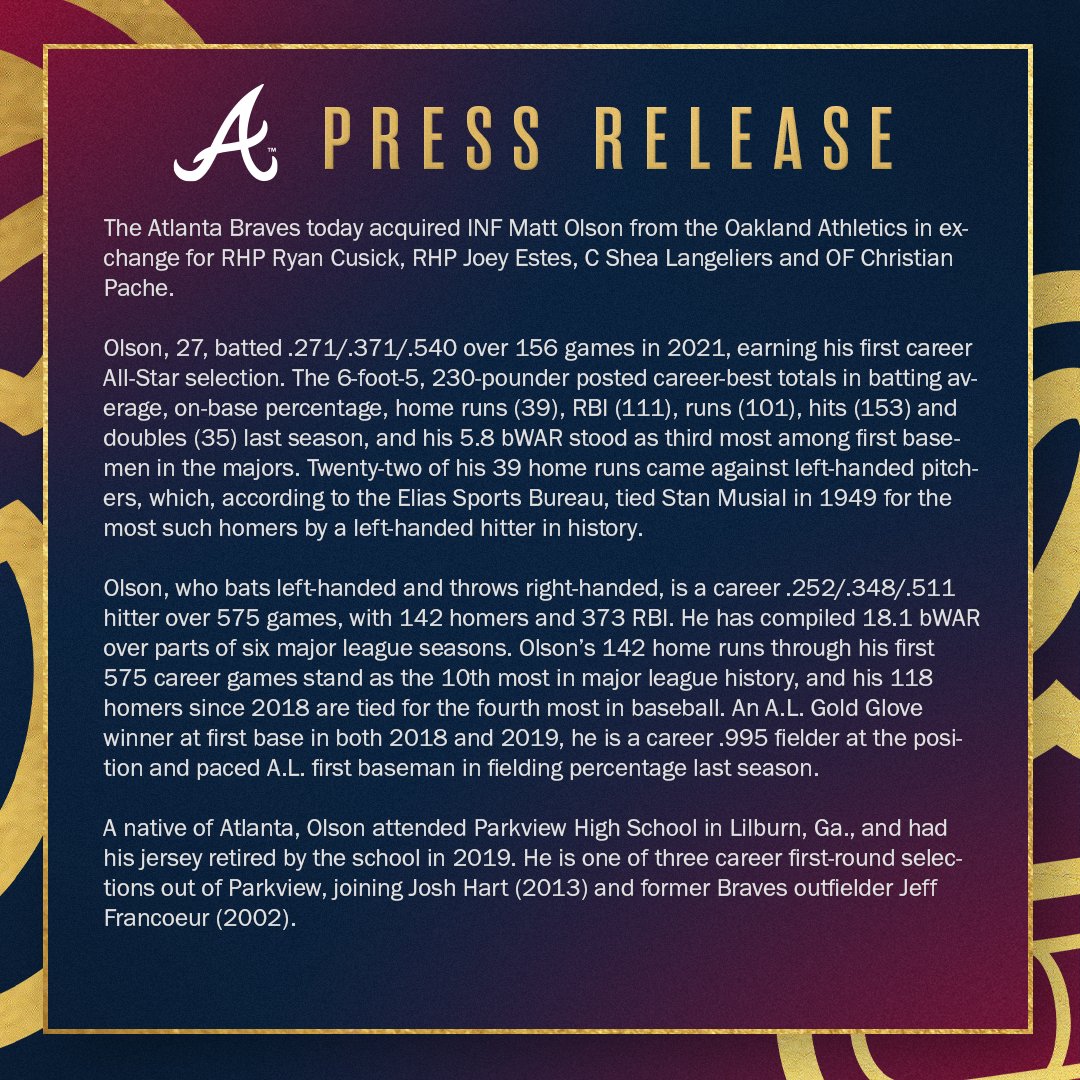 Braves's tweet photo. #Braves Acquire INF Matt Olson: https://t.co/qPL9PyVUeP