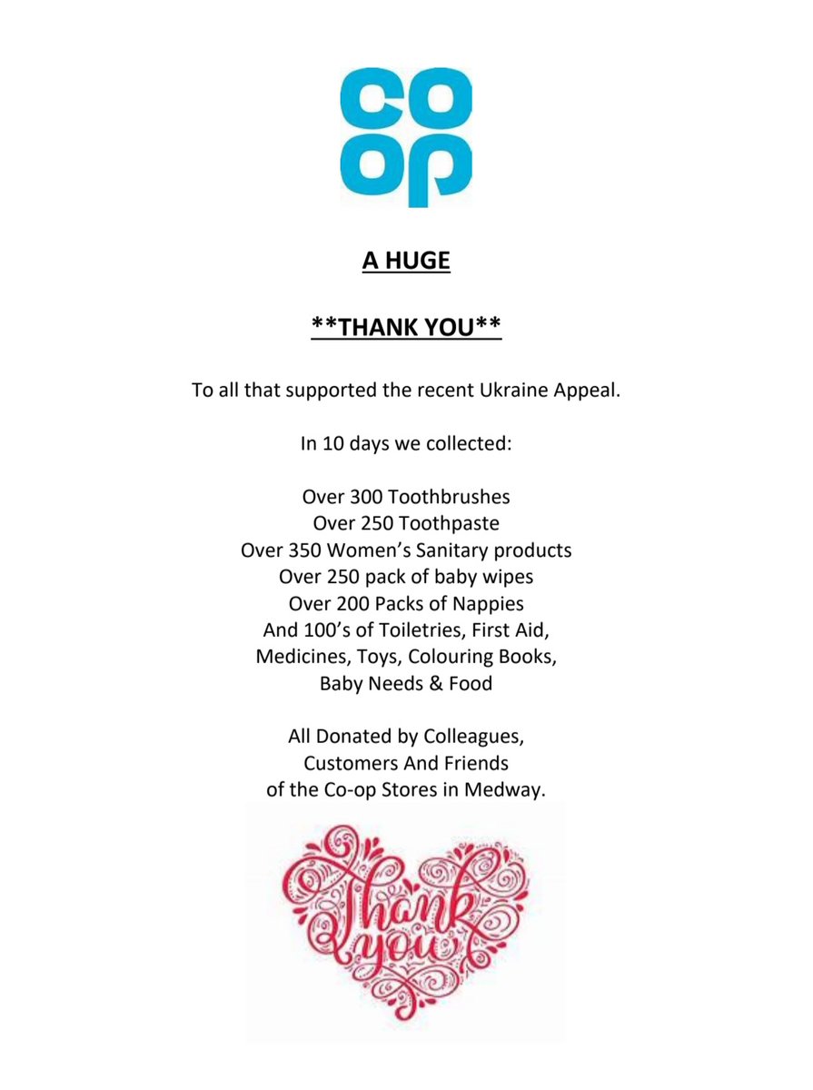 The Medway Ukraine Appeal Complete. Was an Amazing 10 days collecting, seeing how generous people can be. Some fab figures below of what will make its way to people in need this week. #PetrolRochester #BeingCoop <a href="/PeterBatt3/">Peter Batt</a> <a href="/HawVicky/">Vicky Haw</a> <a href="/DwightAAdams/">Dwight Adams</a> <a href="/Hoskpaul247/">Paul hoskins</a> @CoopRobson