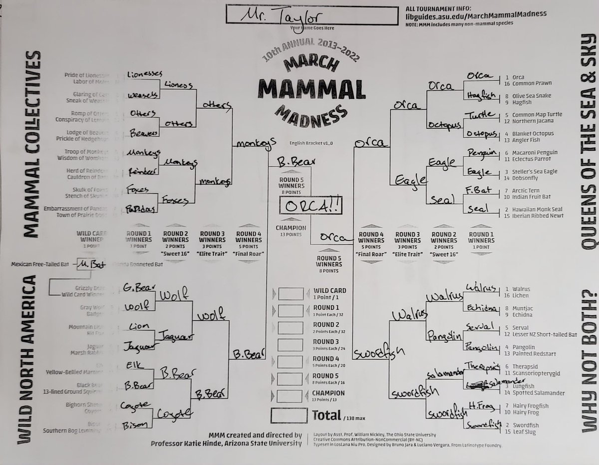 MrTaylorLFC's tweet photo. Finally got my bracket set for the TRUE March Madness. #marchmammalmadness is where it's at!  Set your brackets before the first match tonight! #TeamOrca #sciencerules #BioIsLife https://t.co/2kZnW8NIVY