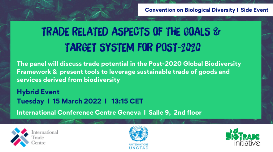 ITCnews's tweet photo. .@UNCTAD and ITC are co-organizing a hybrid side event during the Convention on Biological Diversity  Geneva meetings, “Trade Related Aspects of the Goals and Target System for Post 2020”.

Join us in-person or virtually here: https://t.co/PfvhkZjj4N https://t.co/VTgP6HYps6