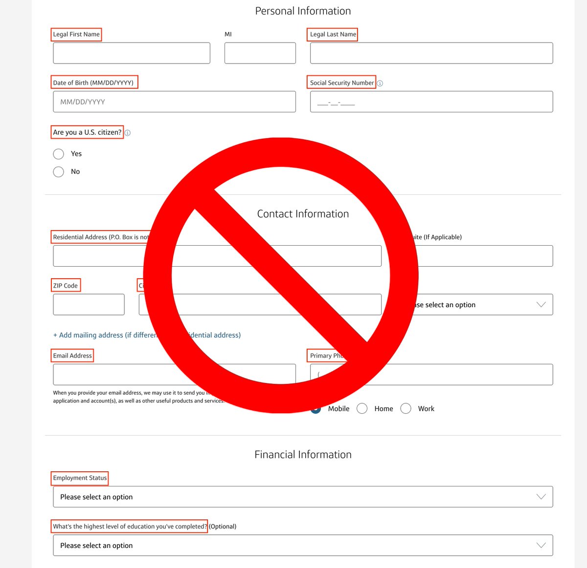 Dashpay's tweet image. To open a new credit card💳, banks want all of this info:

👎 Legal Name
👎 Date of Birth
👎 Social Security Number
👎 Citizenship
👎 Address
👎 Employment
👎 Income

🙅‍♂️ No thanks.

Instead, you can pay with Mastercard via #DashDirect, without having to share sensitive details.