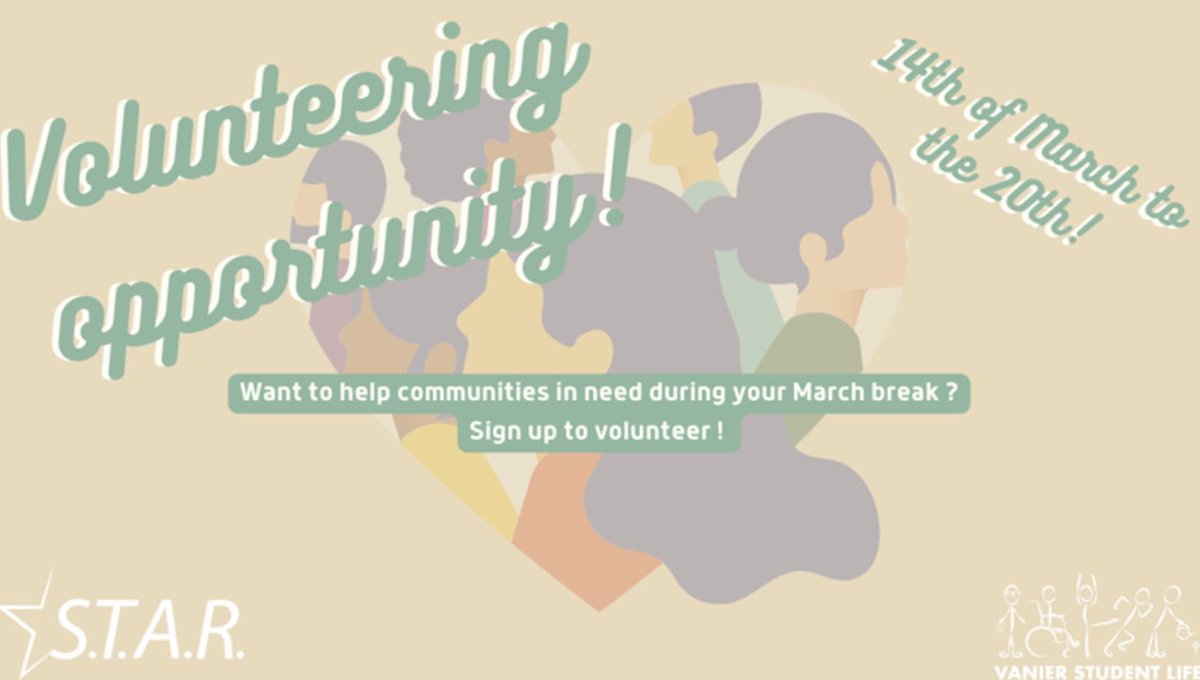 VanierVTV's tweet photo. Want to help communities in need during your March break, have an opportunity to fill out your C.V, or even earn some S.T.A.R. hours?

You can still sign up for volunteer opportunities that are happening this week. Take this opportunity and feel good about it! 

*Link on Omnivox https://t.co/aH4nrzFGvx
