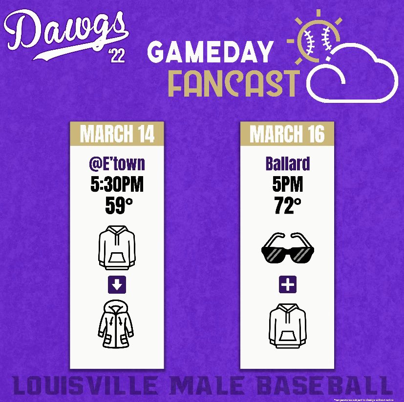 Opening day is here for the Dawgs! Game time at 5:30 at E’town High School. Make sure to bring your hoodies and coats for the ride, could be a cold one! Let’s go Dawgs. ⚾️🐶