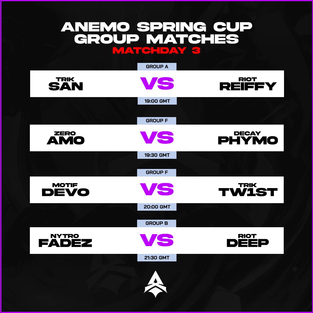 MATCHDAY 1: ✅
MATCHDAY 2: ✅
MATCHDAY 3: 🕖

New matches, who will get the 3 points? 🌟

#AnemoSpringCup