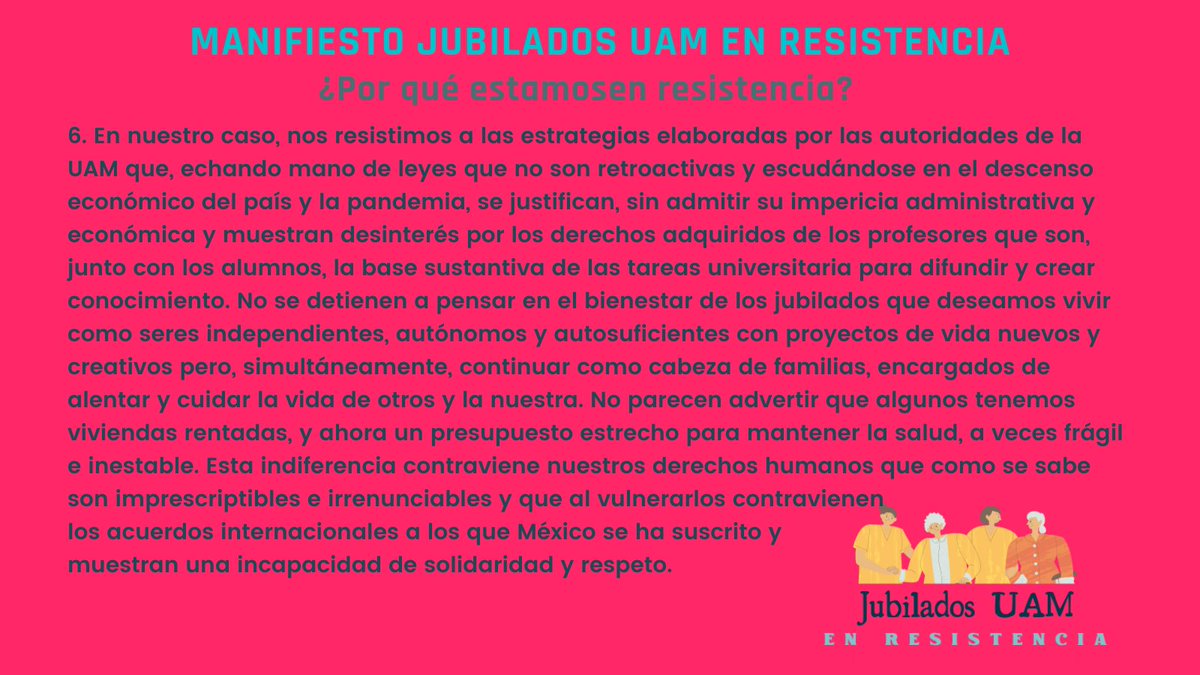 jubiladosuam's tweet photo. ¿Por qué estamos en reistencia?
Fragmento de nuestro manifiesto, para que autoridades de @Yo_SoyUAM nos escuchen fuerte y claro. Exigimos que #RectorUAM rectifique.
Manifiesto completo: https://t.co/grATBynli2 https://t.co/wgbzqQvyAB