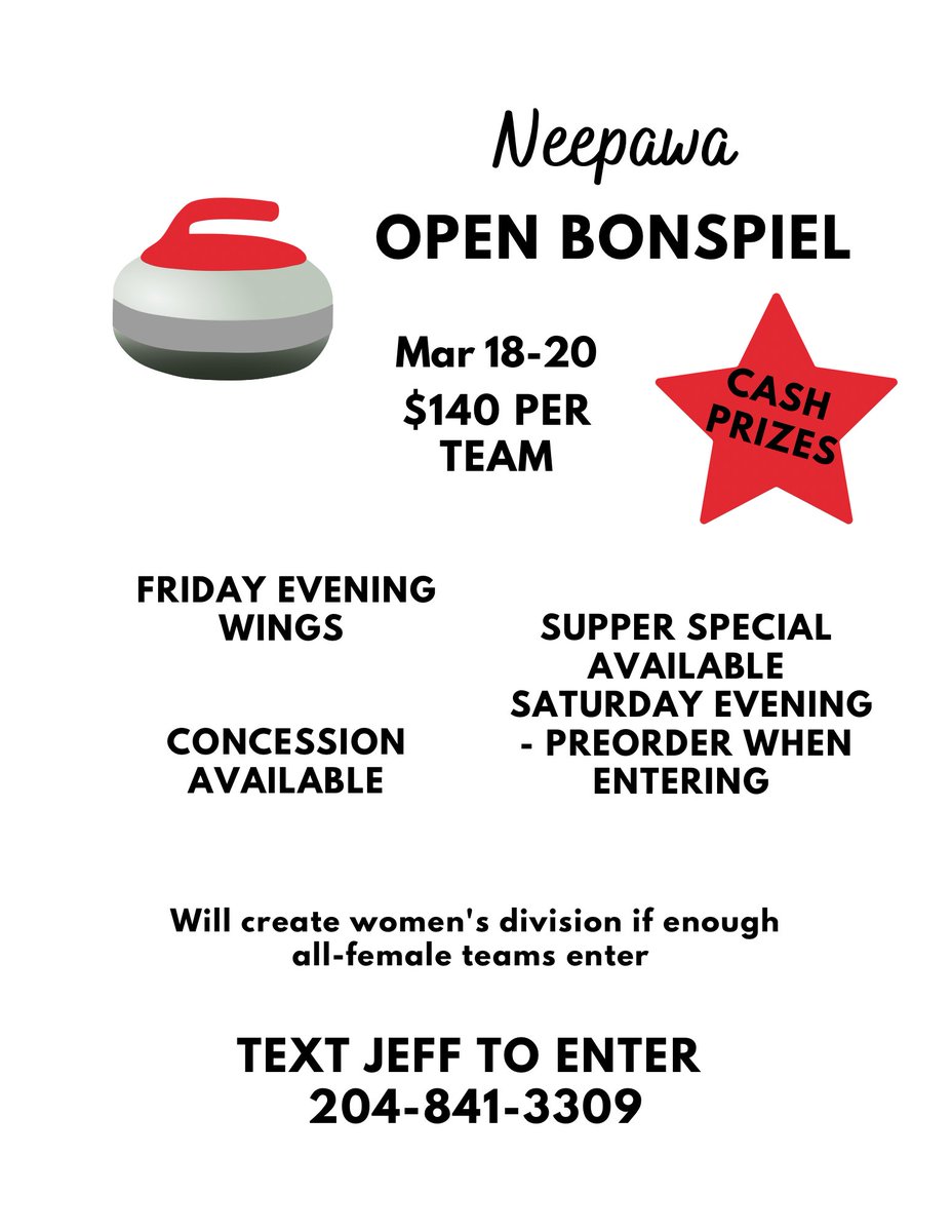 If you are looking for a fun weekend enter to play in the Neepawa open bonspiel coming up this weekend. #hurryhard #winorlose