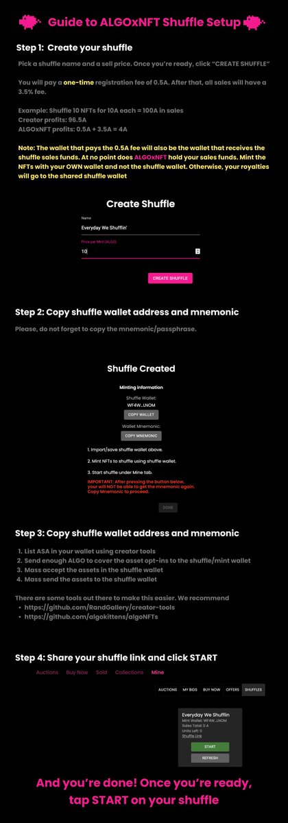 ALGOxNFT's tweet photo. #instashuffles are open to everyone! Please #shuffle responsibly!

Are you a creator hoping to do a big #NFT drop? 🥳
Are you a collector hoping to sell NFTs for liquidity? 💰💸

https://t.co/c0ymPl0mrl

3.5% fee on all sales

#Algorand #AlgoNFT #instashuffle #GarageSale https://t.co/G5g6AbT3Ys