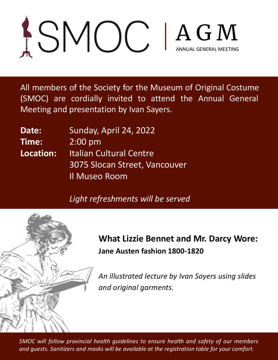 smocostume's tweet photo. All SMOC members are cordially invited to attend our Annual General Meeting, followed by a presentation by Ivan Sayers on 'What Lizzie Bennet &amp; Mr. Darcy Wore: Jane Austen fashion 1800-1820’!

Sunday, April 24 @ 2 PM
Italian Cultural Centre - Il Museo
3075 Slocan St
Free https://t.co/ETqINsIL67