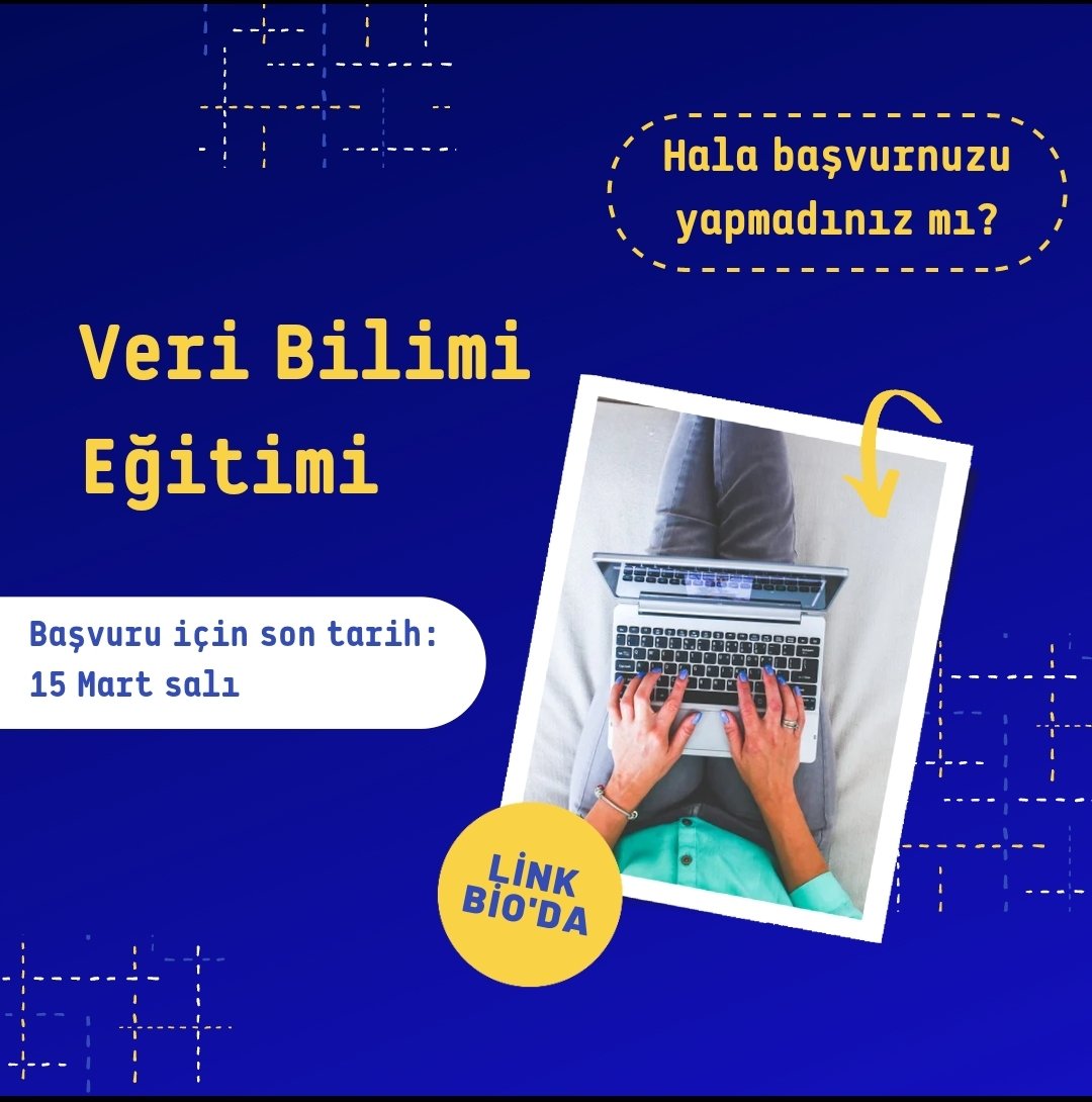 DataClubist's tweet photo. Dr. Serra Çelik ile gerçekleştireceğimiz Veri Bilimi Eğitimi icin son başvuru tarihini kaçırmayın!
Eğitimimiz yüz yüze olup, 11 hafta boyunca her çarşamba saat 17:00'da gerçekleşecektir. Ilk dersimiz 16 Mart Çarşamba günüdür.
Başvuru: https://t.co/nQ8a7OSnye
#DataScience #data https://t.co/5NX0nHmeL6