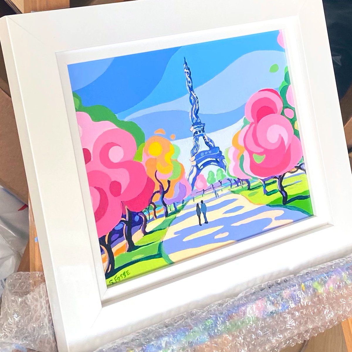 This cute little Paris painting back from framing. Really enjoying painting blossom, so many lovely pinks! 🌸😍#paris #france #eiffeltower #toureiffel #spring #blossom #sunshine #springtime