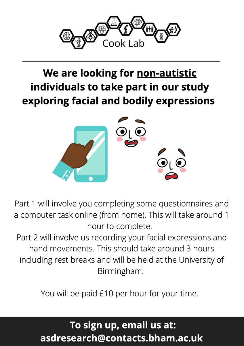 We're looking for non-autistic people to participate in our 2-part study exploring facial and bodily expressions. Part 1 will be completed online and part 2 will be completed at the University of Birmingham. Interested? Check out the inclusion criteria in the next tweet: