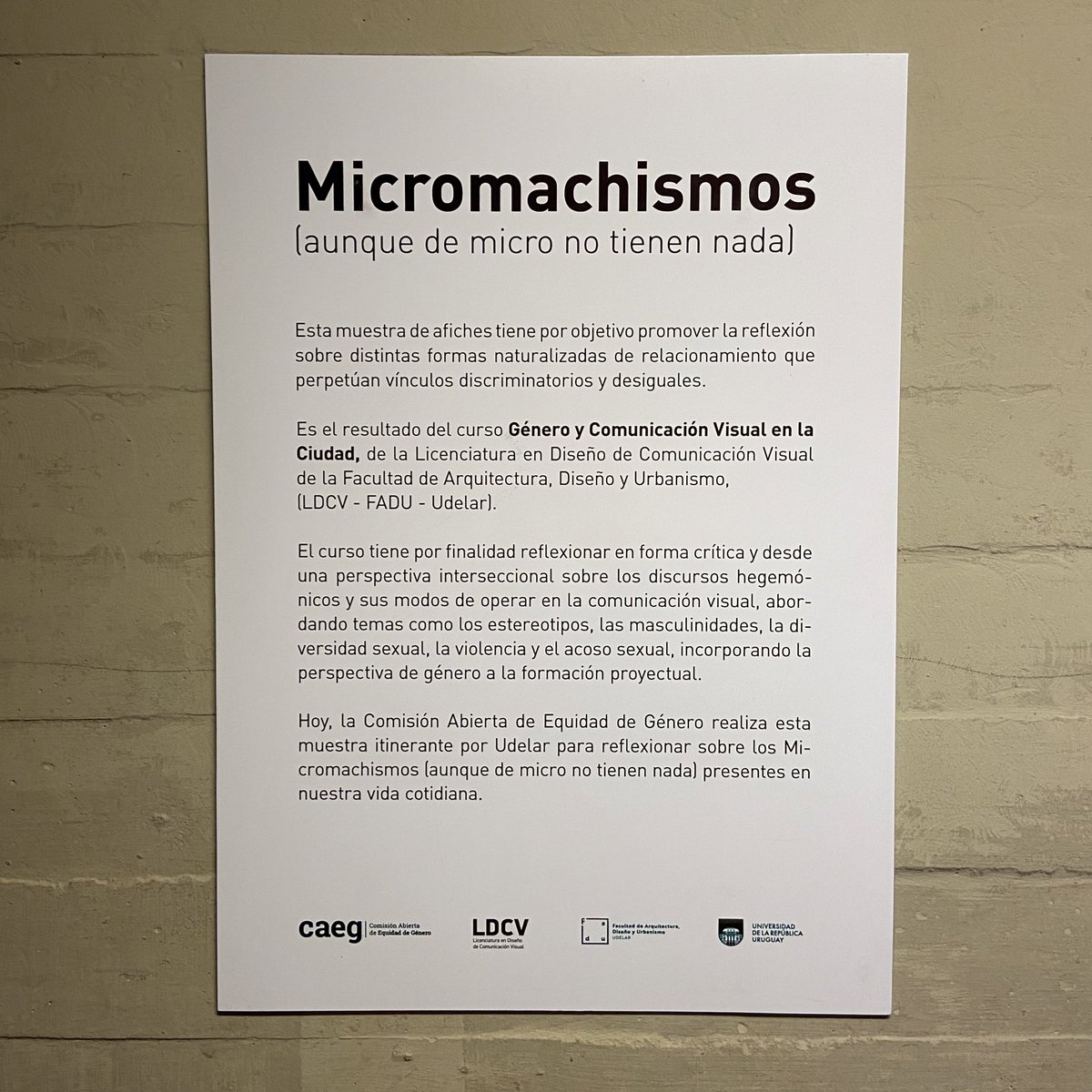 FcienUdelar's tweet photo. La muestra Micromachismos, producida por estudiantes y docentes de @fadu_udelar, busca promover la reflexión sobre las desigualdades de género

Durante este mes pueden encontrarla en el pasillo que lleva a la Biblioteca de FCien ¿ya la visitaron?

#MarzoMesDeLasMujeres #8M https://t.co/1OifYAMtUs