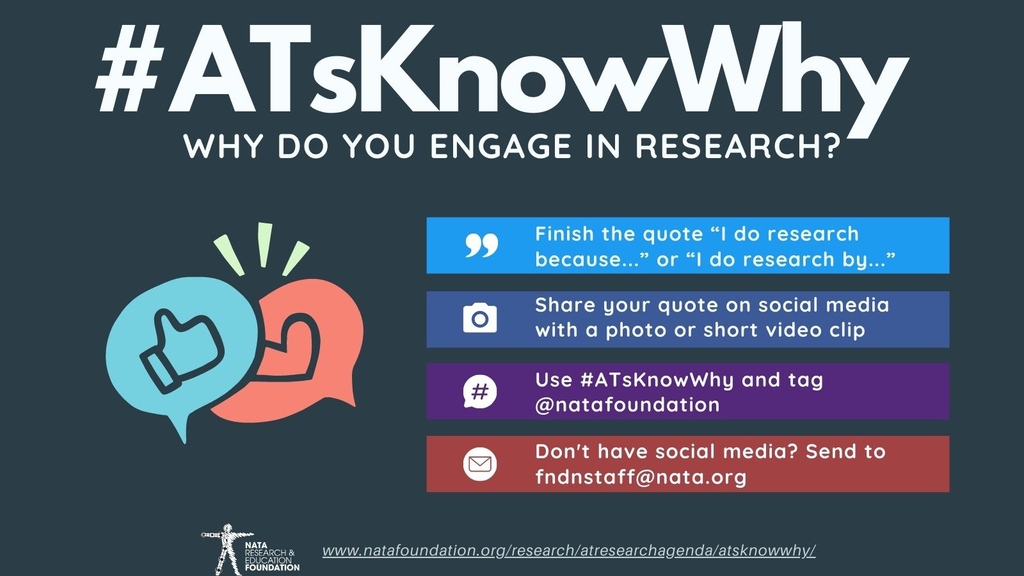 NATAFoundation's tweet photo. ATs in every setting have a role in engaging in research.
Help us share how and why ATs engage in research by participating in the Athletic Training Research Agenda (ATRA) Committee’s #ATsKnowWhy campaign.
Learn more at https://t.co/OFcgSXs5pf https://t.co/B9cAFeu1dq