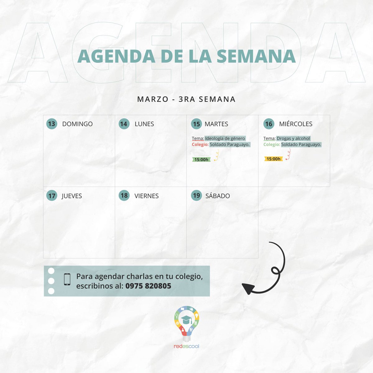 redescoolpy's tweet photo. Agenda de la semana!
Para que tu colegio forme parte de nuestra agenda escribinos al:
0975820805 📱✅
#redescool https://t.co/CbfTFD1YZq
