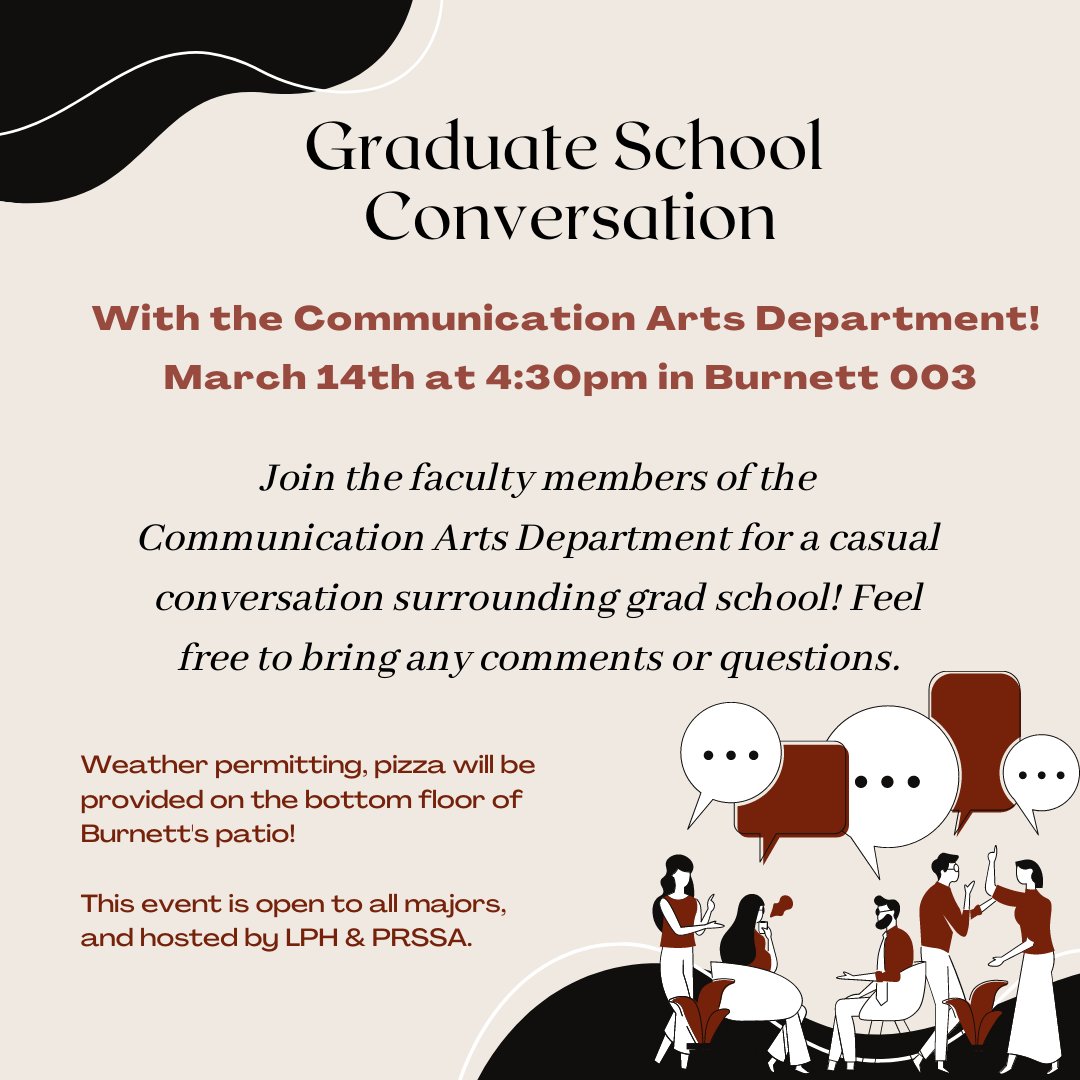 WNJR917's tweet photo. Are you thinking about Graduate school? Want to hear some first hand experiences from members of the W&amp;J community?

Stop by the bottom floor of Burnett TODAY at 4:30pm for a conversation with the Communication Arts Faculty!

All majors are welcome!! https://t.co/oG5VtaLind