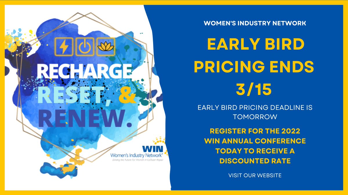 Secure discounted admission to the 2022 WIN Annual Educational Conference today - early bird pricing for members ends tomorrow! To register for the WIN Conference, visit: bit.ly/3q0bZAs #WINinGreenville