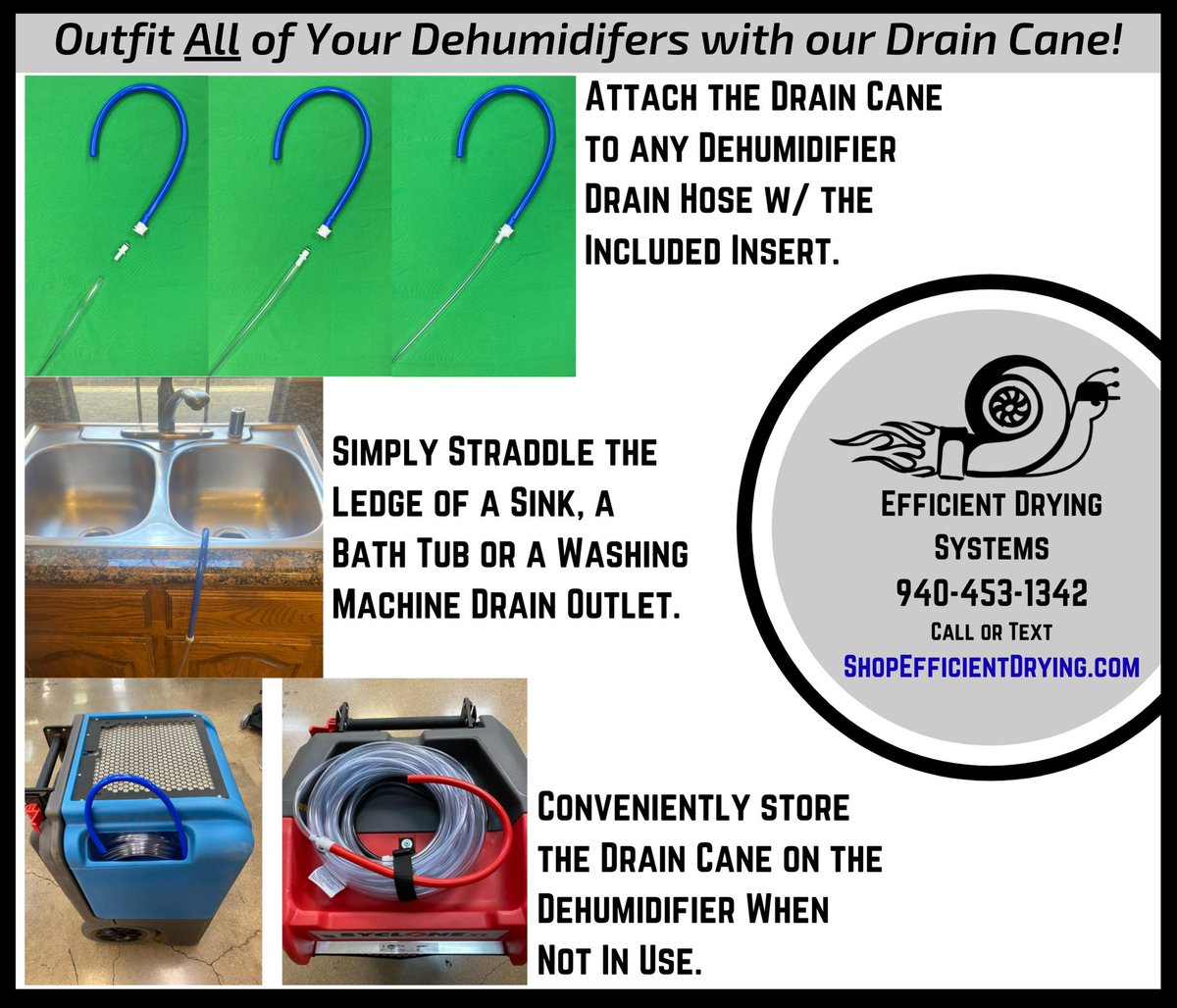 Outfit all of your dehumidifiers with our Drain Cane!  Quick and easy drain hose setup!

Shop at the link below!

shopefficientdryingsystems.com