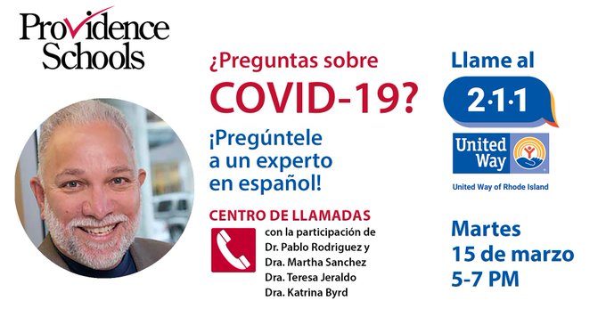 pvdcitycouncil's tweet photo. ¿Confundido sobre el COVID-19?
Pregúntele a los expertos de manera confidencial el martes, 5-7, llamando al 2-1-1. Los médicos atenderán sus llamadas en español. #Vaxboost @liveunitedri @pvdschools https://t.co/rJJNi7TWEg
