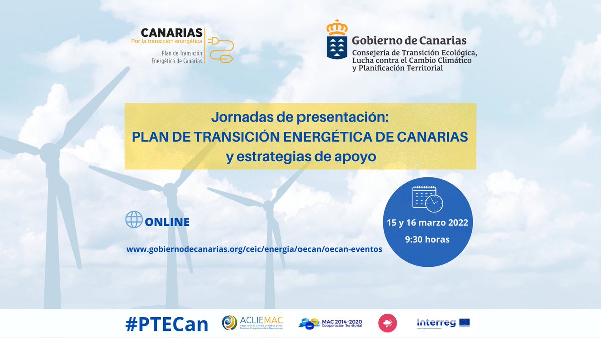 ITCCANARIAS's tweet photo. 👉La Consejería @EcologicaGobCan presenta el 𝐏𝐥𝐚𝐧 𝐝𝐞 #𝐓𝐫𝐚𝐧𝐬𝐢𝐜𝐢𝐨́𝐧𝐄𝐧𝐞𝐫𝐠𝐞́𝐭𝐢𝐜𝐚 𝐝𝐞 #𝐂𝐚𝐧𝐚𝐫𝐢𝐚𝐬 en unas jornadas públicas que puedes seguir online🖥
📌15 y 16 marzo | 9:30 h
📝https://t.co/hOs8kVuOwH
#PTECan #Acliemac @ValbuenaAlonso @OficinasVerdes https://t.co/VDuOsoc95X