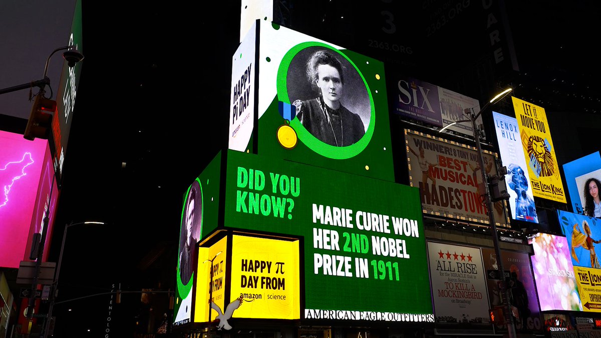 BillDZio's tweet photo. We’re celebrating #PiDay by honoring scientists, engineers, and mathematicians past, present, and future. Check out the billboard in Times Square at 3:14pm ET, or visit the @AmazonScience website to learn more about the campaign. https://t.co/PKafIPxJV7 https://t.co/3dFb5VuSPz